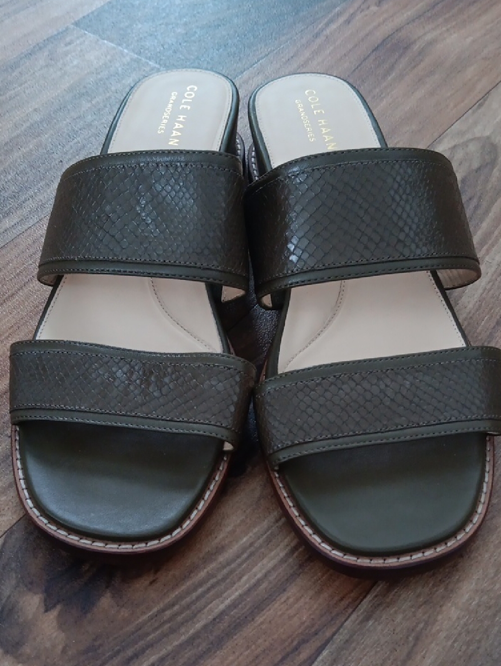Cole Haan Olive Green  Embossed Leather Double-Strap Slide Sandals